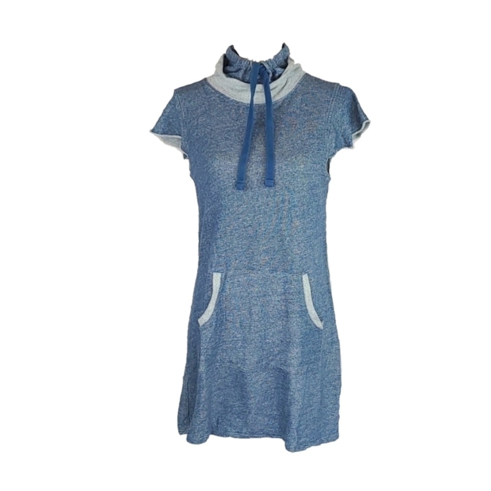 Blue Mock Neck Casual Dress w/ Kangaroo Pocket